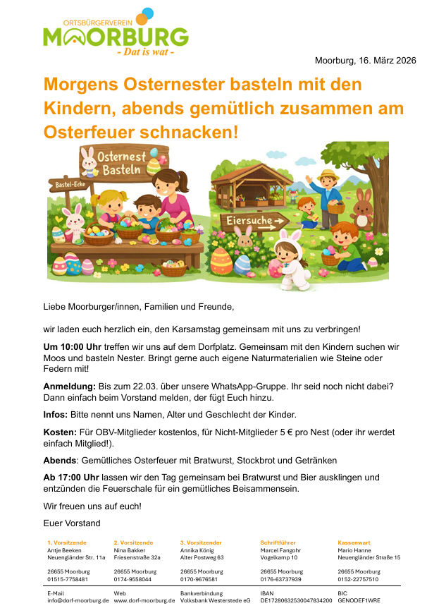 Einladungstext zum Osterfeuer in Moorburg und Osternesterbauen für die Kinder